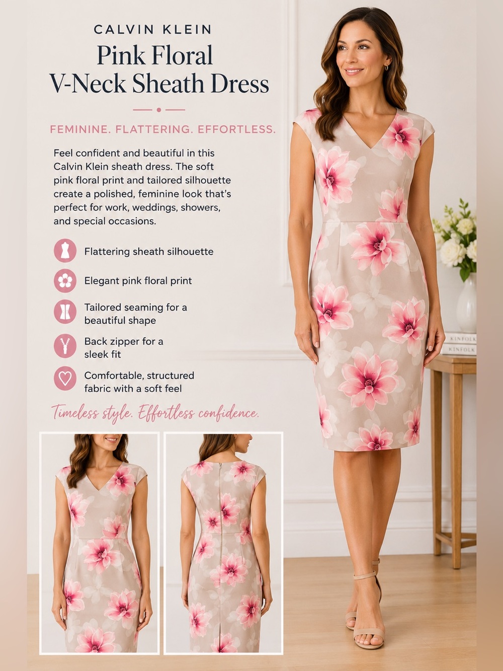 Calvin Klein Pink Floral V-Neck Sheath Dress